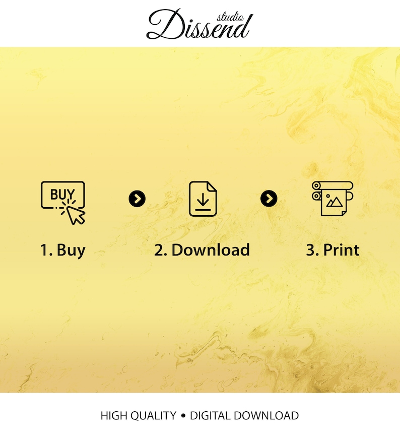 May include: A yellow background with three steps to purchase a digital download: 1. Buy, 2. Download, 3. Print. The steps are illustrated with icons.