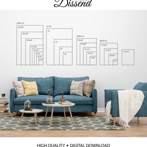 May include: A graphic showing different print sizes for digital downloads. The graphic shows a living room with a blue sofa, two coffee tables, and a blue armchair. The graphic also shows a white wall with a grid of different print sizes and ratios.