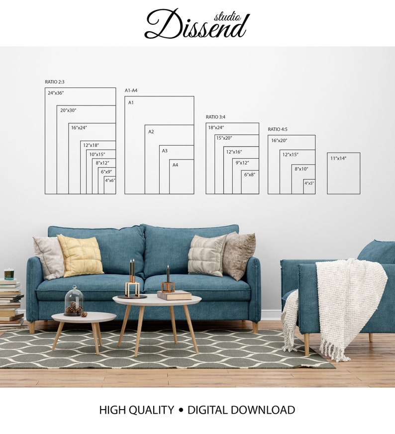 May include: A graphic showing different print sizes for digital downloads. The graphic shows a living room with a blue sofa, two coffee tables, and a blue armchair. The graphic also shows a white wall with a grid of different print sizes and ratios.
