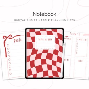 Könnte beinhalten: Digitales und druckbares Notizbuch mit rot-rosa kariertem Einband. Das Notizbuch ist von Planungslisten mit den Wörtern "goals", "To Do's & more" und "I want to do" umgeben. Das Bild enthält auch den Text "48 Designs" und "5 Color Options".