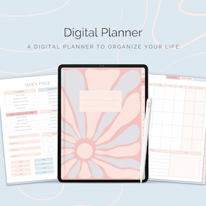 Könnte beinhalten: Ein digitaler Planer mit floralem Design auf einem Tablet, begleitet von Index- und Kalenderseiten. Der Text lautet "Digital Planner" und "A DIGITAL PLANNER TO ORGANIZE YOUR LIFE". Weitere Texte sind "80+ PAGES", "*5 STICKER PAGES", "DIGITAL DOWNLOAD", "HYPER-LINKED", "+10 COVERS" und "MON-SUN START".