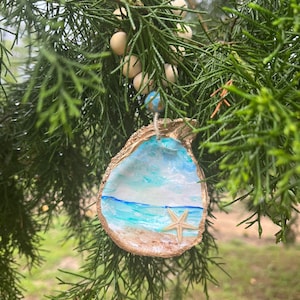 May include: A painted seashell ornament with a blue ocean, white clouds, and a sandy beach scene. A white starfish is on the beach. The ornament is hanging from a branch of a green tree.