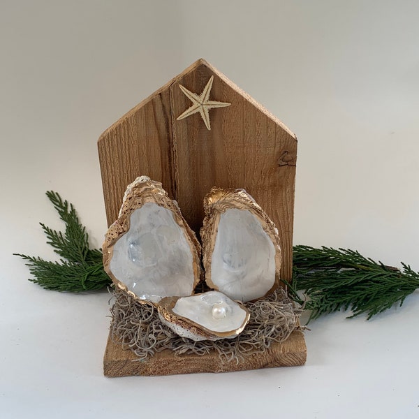 Coastal beach unique Nativity decor fireplace mantel holiday season oyster pearl nativity set Holy Family collectible