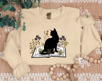 Cat Sweatshirt, Cat On Book Printed Sweater, Wild Flowers Bookish Sweatshirt, Cat Book Lover Pullover Jumper, Comfort Color Shirt, Xmas Gift