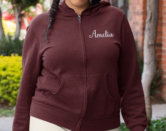 Custom Embroidered Name Zip Up Hoodie, Personalised Text Monogram Embroidery Unisex Hooded Jumper, Zipper Sweatshirt, Couples Matching Gift