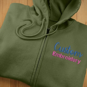 Custom Embroidered Zip Up Hoodie, Personalised Text Monogram Logo Embroidery Unisex Hooded Jumper, Zipper Sweatshirt, Couples Matching Gift zdjęcie 2