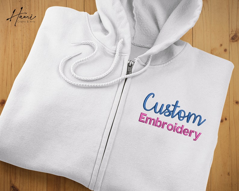 Custom Embroidered Zip Up Hoodie, Personalised Text Monogram Logo Embroidery Unisex Hooded Jumper, Zipper Sweatshirt, Couples Matching Gift zdjęcie 1