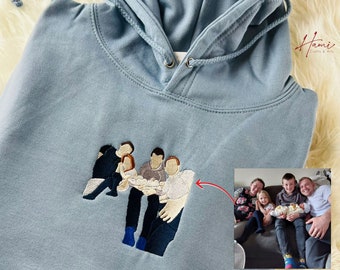 Foto geborduurde hoodie, aangepaste portretschets van fotosweater, herdenkingstekening bijpassende familie hoody, verjaardag GF BF paar top