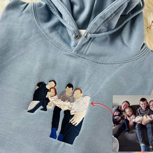 Photo Embroidered Hoodie, Custom Portrait Sketch from Photo Sweatshirt, Memorial Drawing Matching Family Hoody, Anniversary GF BF Couple Top