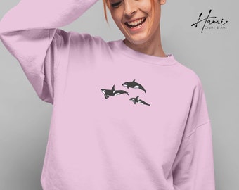 Orca Whales Embroidered Sweatshirt, Trio Orca Killer Whale Crewneck Jumper, Embroidered Orca Unisex Sweatshirt, Awareness Animal Lover Gift