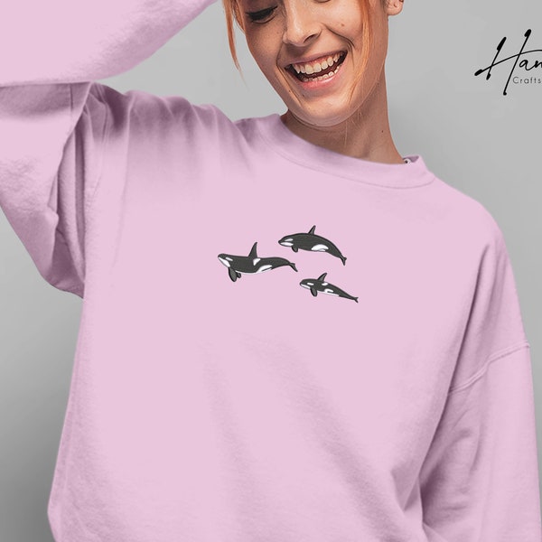 Orca Whales Embroidered Sweatshirt, Trio Orca Killer Whale Crewneck Jumper, Embroidered Orca Unisex Sweatshirt, Awareness Animal Lover Gift