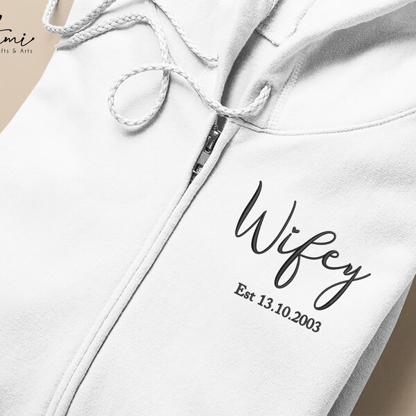 Personalised Wifey Embroidered Zip up Hoodie, Custom Bride to Be Jumper, Matching Couple Initial Heart Pullover Hood, 1st Anniversary Gifts