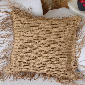 Raffia Throw Pillow, Filling Decorative Cushion, Sofa Pillow, Natural Raffia Yarn Cushion Cover, Hand-Knitted Cushion Cover, Beige,