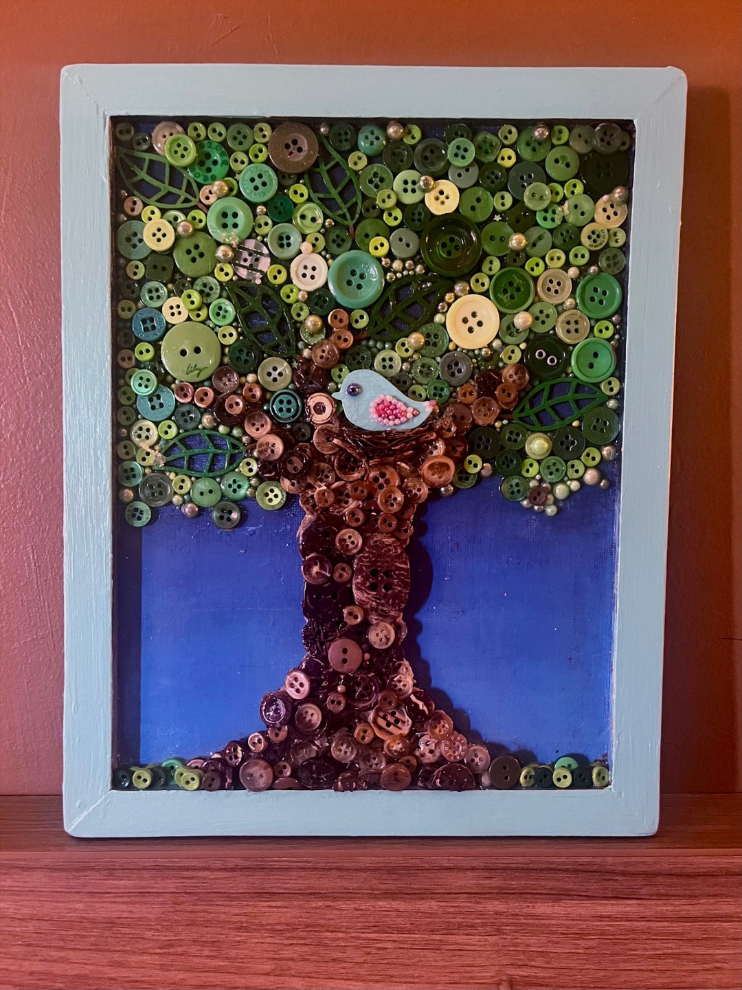 Button Wall Art of a Tree With a Bird on 8x10 Turquoise Wooden Frame ...