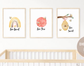 Honey Bee Nursery Wall Art Printable, Set of 3, Playroom posters, Kids Room wall decor, Nursery Wall Art Decor, Bee Sweet, Bee You, Bee Kind