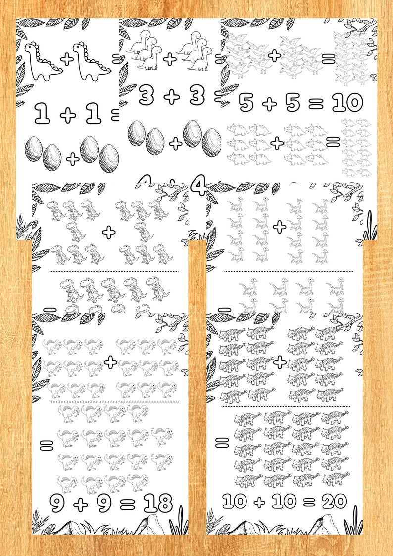 16 Printable Pages Dinosaur Math Coloring Book Children's Book Busy