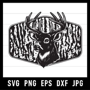 Pode incluir: Ilustração em preto e branco da cabeça de um veado com grandes chifres, inserida em uma moldura texturizada em forma de escudo. A imagem inclui o texto "SVG PNG EPS DXF JPG" na parte inferior, indicando formatos de arquivo.