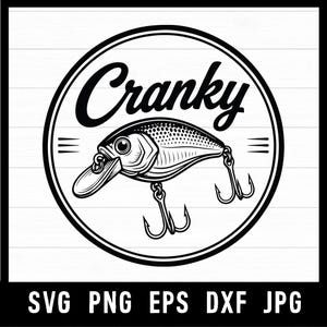 May include: Black and white illustration of a fishing lure with the word "Cranky" in a circular design. The lure has two treble hooks and a lip. The image includes the file types: SVG, PNG, EPS, DXF, and JPG.