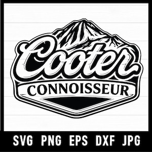 Op de afbeelding: Zwart-wit grafisch ontwerp met de tekst "Cooter Connoisseur" boven een bergillustratie. Het ontwerp is in een schildvorm, met bestandstype afkortingen eronder.