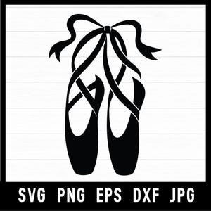 May include: Black silhouette of two ballet pointe shoes tied with a bow. The image is set against a white background with horizontal lines. The bottom of the image contains the text "SVG PNG EPS DXF JPG".
