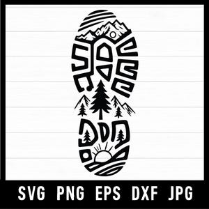 May include: Black and white graphic of a hiking boot print with mountain, tree, and sun designs. The word "SAVE" is incorporated into the boot print design. The bottom of the image includes the file type formats: SVG, PNG, EPS, DXF, JPG.