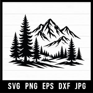 Puede incluir: Una ilustración gráfica en blanco y negro que presenta la silueta de una cordillera detrás de un denso bosque de pinos. El diseño incluye el texto SVG PNG EPS DXF JPG en la parte inferior, sobre un fondo blanco con líneas horizontales.