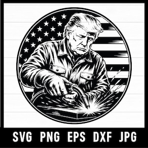 May include: Monochrome illustration of a person welding, set against a backdrop of the American flag. The person is wearing a button-up shirt and holding a welding torch, with sparks flying. The image includes the text "SVG PNG EPS DXF JPG".