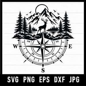May include: A black and white graphic design featuring a compass rose with cardinal directions W, E, S, and NW, NE, SW, SE. Above the compass is a mountain range, a standing deer, pine trees, a sun, and birds. Text at the bottom reads SVG PNG EPS DXF JPG.