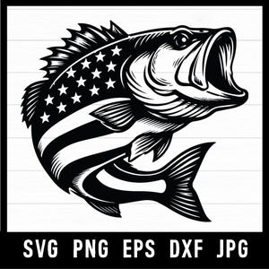 May include: Black and white illustration of a largemouth bass with an open mouth. The fish design incorporates the American flag, with stars and stripes. The image includes the file types: SVG, PNG, EPS, DXF, and JPG.