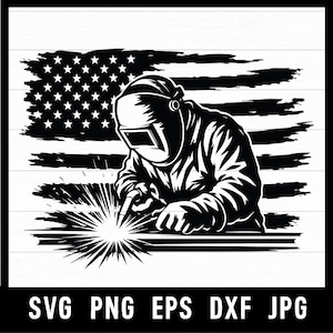 Amerikansk svetsare SVG PNG – Patriotisk svetsare Clipart – USA:s flagga svetsdesign – Blå kragehattlapp lasergraveringsfil
