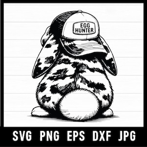 May include: Black and white illustration of a rabbit wearing a trucker hat. The hat has the text "EGG HUNTER" on the front. The rabbit has a spotted pattern on its back and ears. The image is a digital design.