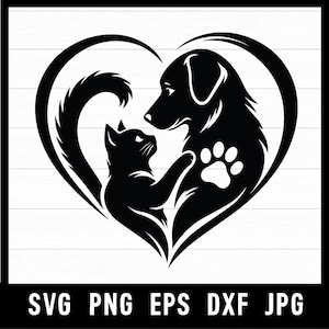 Könnte beinhalten: Schwarz-weiße Grafik eines Hundes und einer Katze in Herzform. Der Hund hat einen Pfotenabdruck auf der Brust. Die Katze blickt zum Hund auf. Der Text "SVG PNG EPS DXF JPG" ist enthalten.