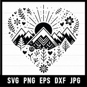 Könnte beinhalten: Ein schwarz-weißes digitales Grafikdesign in Herzform, das eine über Berggipfeln aufgehende Sonne zeigt, umgeben von stilisierten Bäumen, Blumen und kleinen Herzsymbolen. Der Text SVG PNG EPS DXF JPG ist am unteren Rand aufgedruckt.