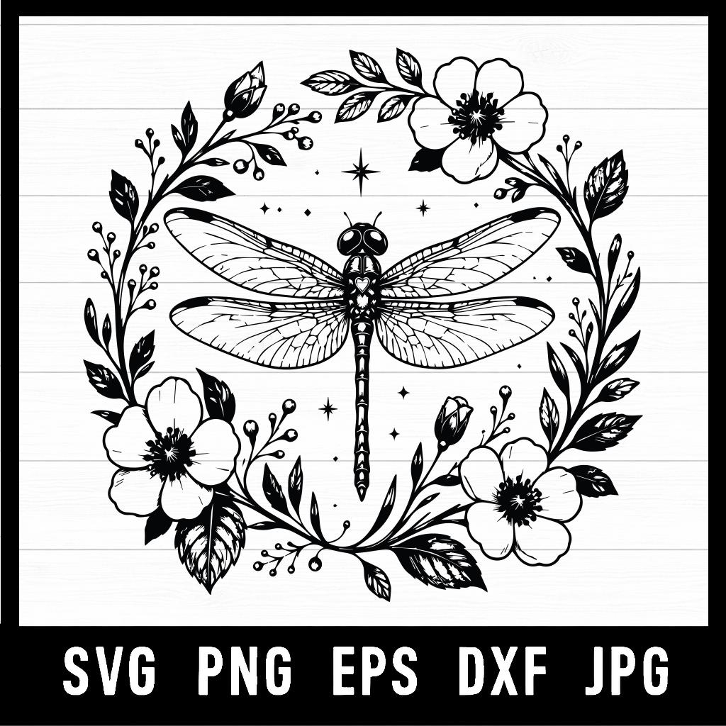 Dragonfly Floral Wreath SVG PNG – Vintage Botanical Insect Design ...