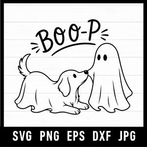 Puede incluir: Un diseño gráfico en blanco y negro que muestra a un perro y un fantasma uno al lado del otro. El perro lleva una sábana como disfraz de fantasma. Sobre las figuras, el texto dice BOO-P en una fuente llamativa. Abajo incluye SVG PNG EPS DXF JPG.