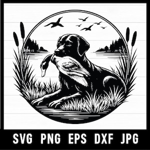 May include: Black and white illustration of a Labrador Retriever dog lying down, holding a duck in its mouth. The dog is surrounded by tall grass, cattails, and a lake scene. Birds fly in the background. The image includes the text: SVG PNG EPS DXF JPG.