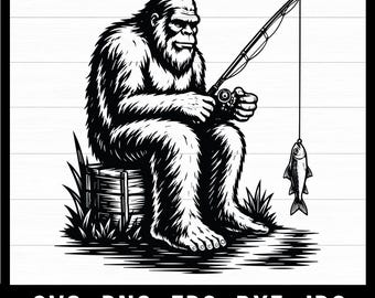 Archivo vectorial de corte para grabado láser de pesca de la leyenda Sasquatch (SVG/PNG) – Diseño de parche para sombrero de pescador Bigfoot –