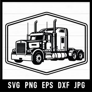 May include: A black and white graphic illustration of a semi-truck inside a hexagonal border. The truck is shown from a side angle, featuring a large grille, dual exhaust stacks, and wheels. Below the hexagon, the text reads SVG PNG EPS DXF JPG.