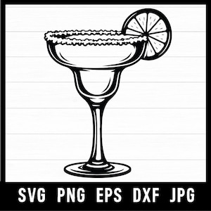 May include: A black and white graphic illustration of a margarita glass with a salt-rimmed edge and a citrus slice garnish on the rim. The text SVG PNG EPS DXF JPG is displayed in a bold, sans-serif font at the bottom of the image.