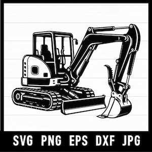Könnte beinhalten: Eine schwarz-weiße grafische Illustration eines Bau-Baggers mit Fahrerkabine, beweglichem Arm und Schaufel. Unter dem Bagger steht der Text SVG PNG EPS DXF JPG. Das Design ist auf einem weißen Hintergrund mit horizontalen Linien dargestellt.