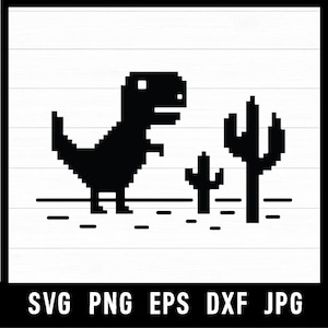 May include: A black pixel art graphic of a dinosaur standing next to two cacti on a horizontal line, with the text SVG PNG EPS DXF JPG displayed in black at the bottom of the image, all set against a white background with thin horizontal lines.