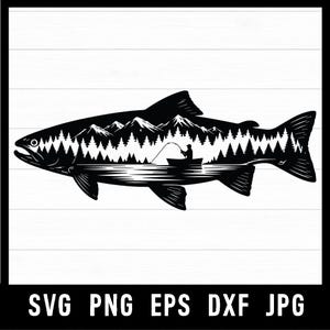 May include: A black and white graphic design featuring the silhouette of a fish containing a landscape scene. The interior of the fish displays a mountain range, a dense forest of pine trees, and a person in a small boat fishing on water.