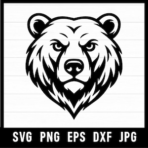 May include: A black and white graphic of a bear's head, facing forward with a stern expression. The bear's fur is detailed with sharp lines, and the image includes the file types: SVG, PNG, EPS, DXF, and JPG.