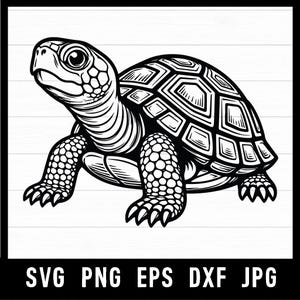May include: A black and white graphic illustration of a turtle with a detailed shell and textured skin. Below the turtle, the text reads SVG PNG EPS DXF JPG. The design features bold lines and high contrast, showcasing the turtle in profile view.