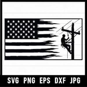 May include: A black and white digital graphic featuring a stylized American flag with a distressed, brush-stroke effect. On the right side, a silhouette of a utility worker is shown climbing a wooden utility pole with power lines.