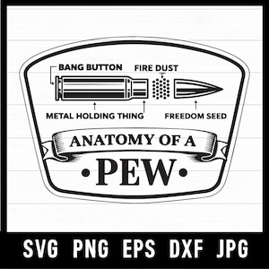 May include: Black and white graphic design featuring an illustration of a bullet with labeled parts: "Bang Button," "Fire Dust," "Metal Holding Thing," and "Freedom Seed." The text "Anatomy of a Pew" is also included.