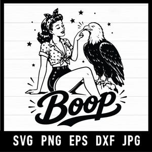 May include: A black and white graphic illustration featuring a person with a hair bow wearing a polka dot shirt and shorts, touching the beak of a bald eagle. The word Boop is written in large script below the figures, surrounded by small stars.