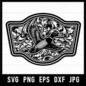 May include: Black and white graphic of a flying duck within a decorative frame. The duck is detailed with feathers and a long beak, set against a backdrop of swirling floral patterns. The frame has a thick border. The bottom of the image displays the text: SVG PNG EPS DXF JPG.