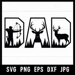 May include: Black and white graphic design featuring the word "DAD" with outdoor-themed imagery. The letter "D" shows an archer with a bow and arrow. The letter "A" features a deer head. The last letter "D" shows a deer standing.