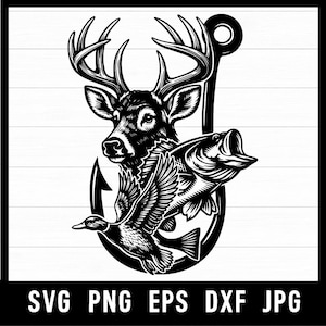 Pode incluir: Gráfico em preto e branco com a cabeça de um veado, um peixe e um pato, todos dentro do contorno de um anzol. A imagem inclui o texto "SVG PNG EPS DXF JPG" na parte inferior.